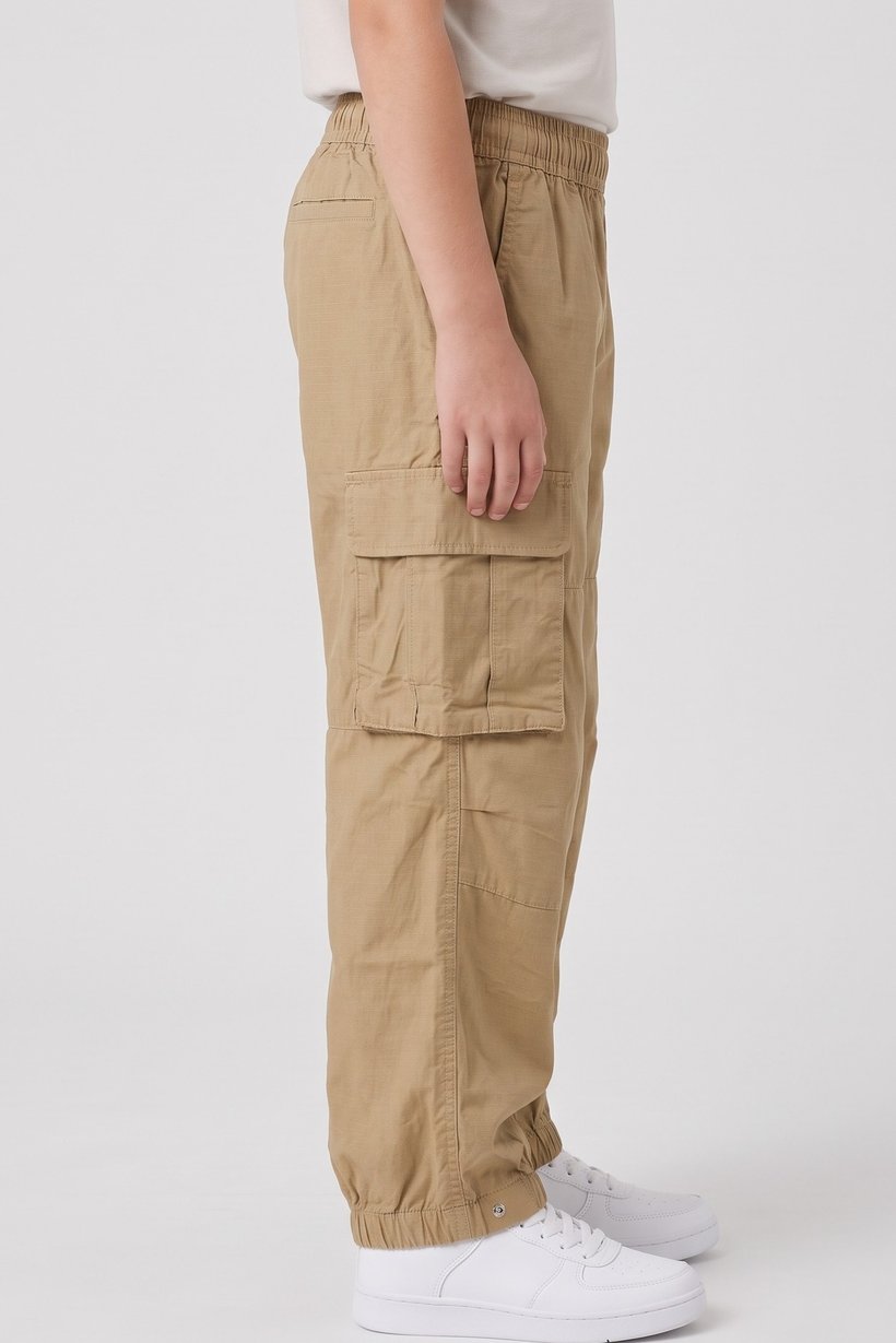 Kids Boy Regular Fit Plain Cargo Pants, Brown