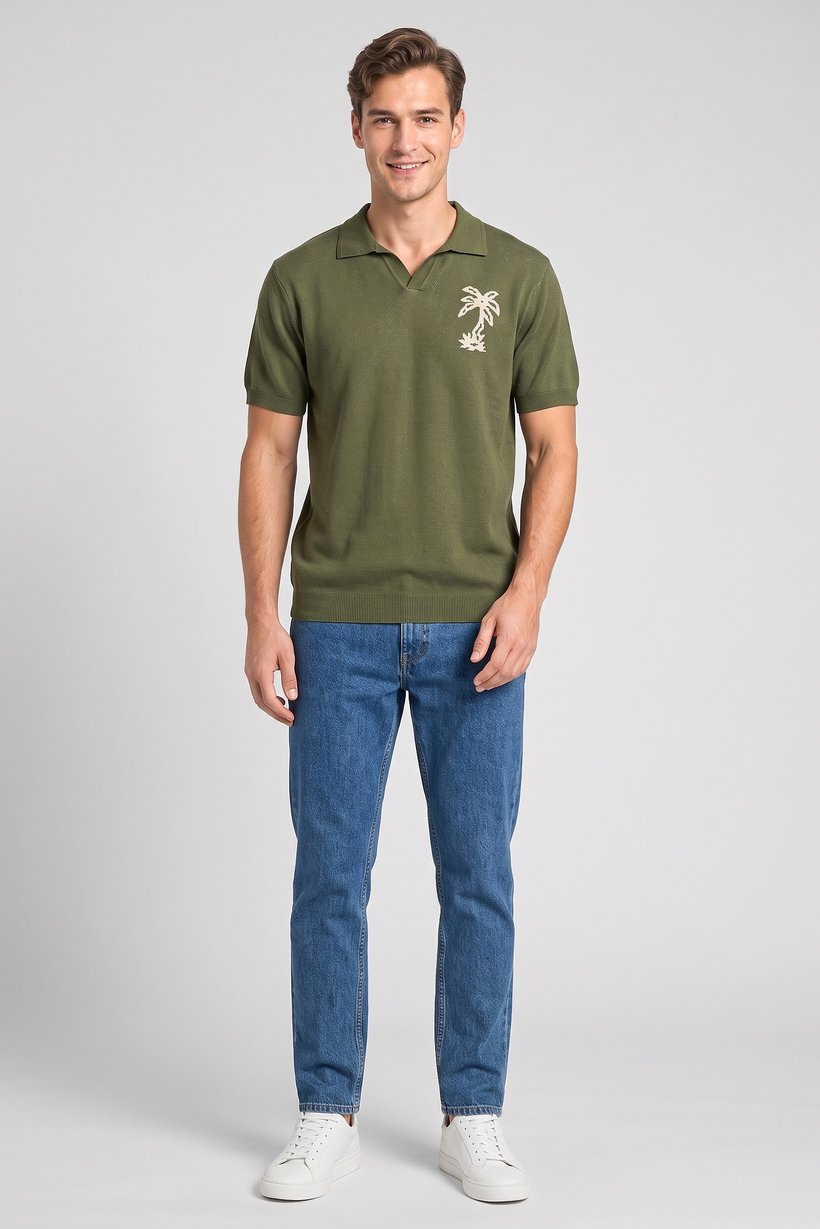 Men Regular Fit Knitted Short Sleeve Polo Shirt, Olive