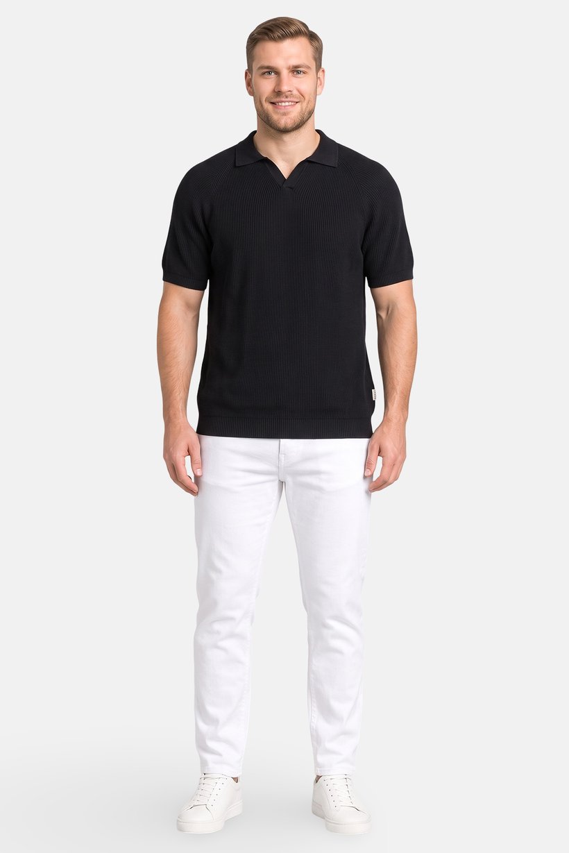 Men Regular Fit Ribbed Short Sleeve Polo Shirt, Black