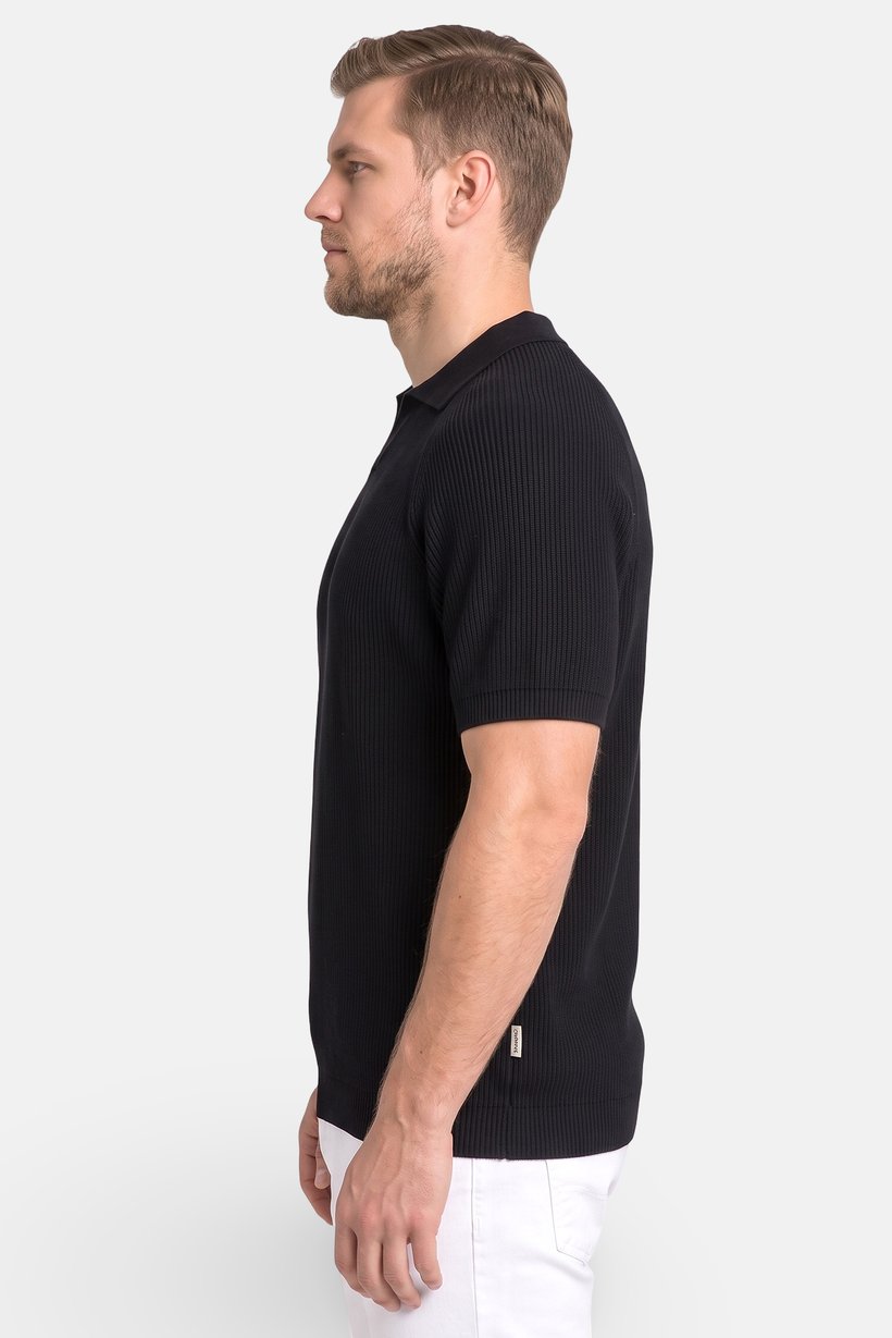 Men Regular Fit Ribbed Short Sleeve Polo Shirt, Black
