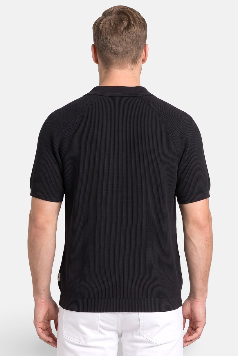 Men Regular Fit Ribbed Short Sleeve Polo Shirt, Black