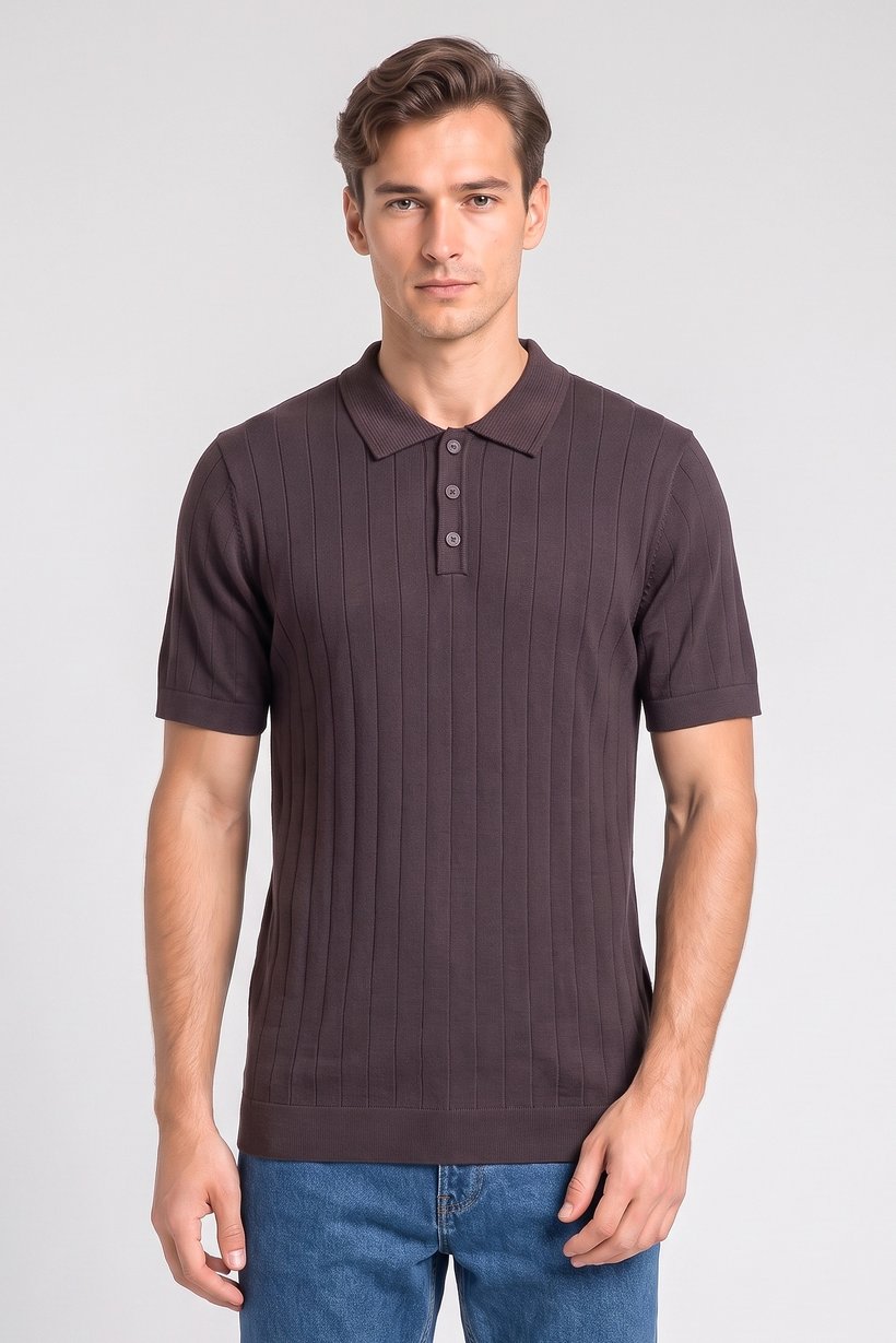 Men Regular Fit Knitted Short Sleeve Polo Shirt, Dark Brown