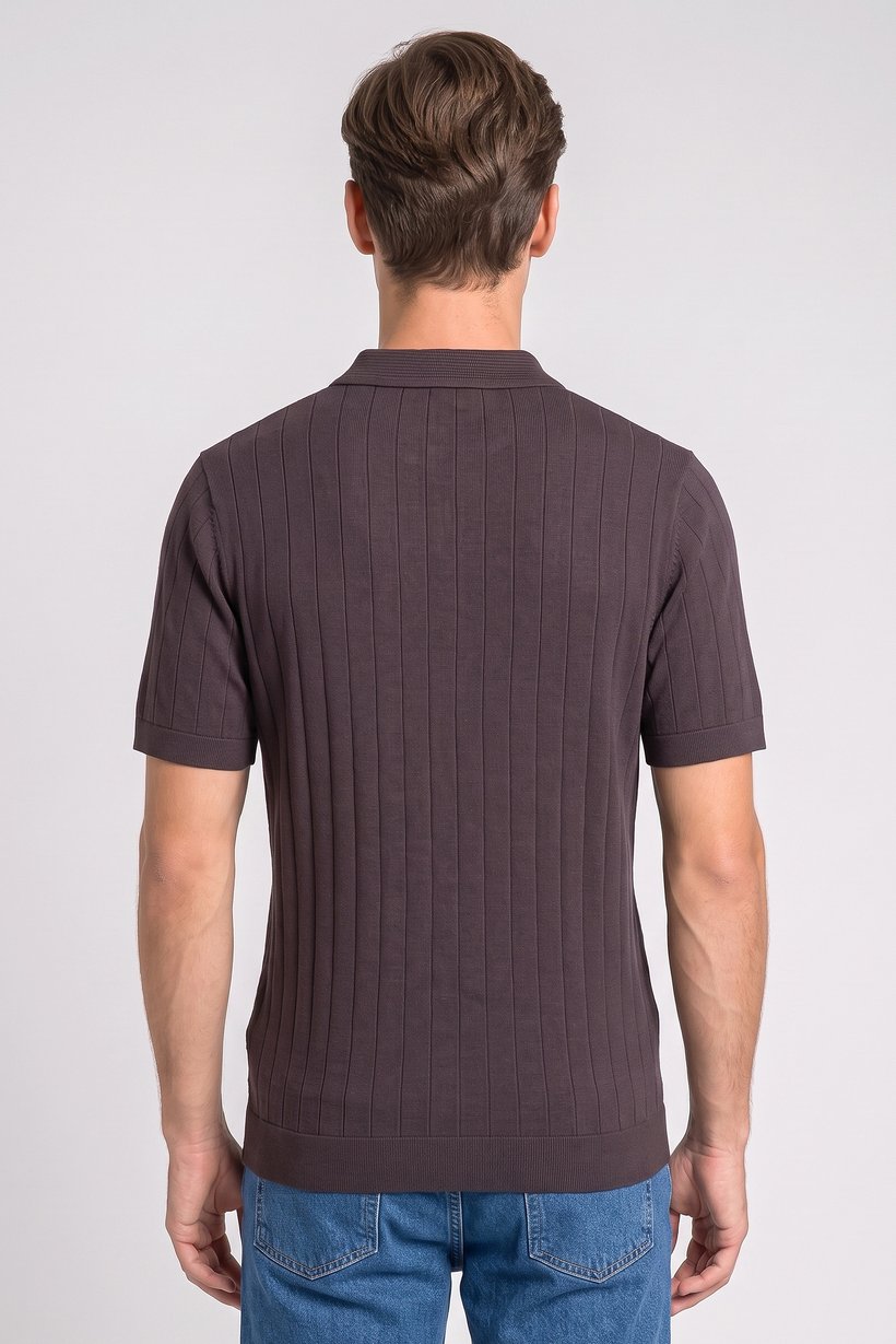 Men Regular Fit Knitted Short Sleeve Polo Shirt, Dark Brown
