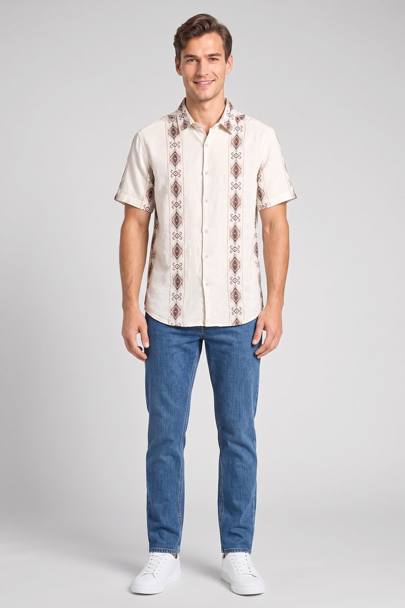 Native Highlander Men Regular Fit Short Sleeve Embroidered Casual Shirt, Multicolor