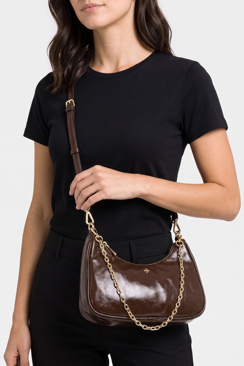 Women Brand Logo Shoulder Bag, Dark Brown