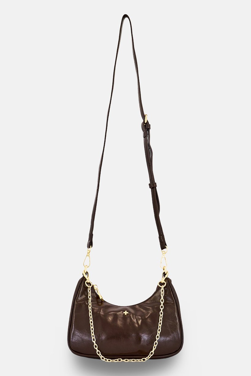 Women Brand Logo Shoulder Bag, Dark Brown