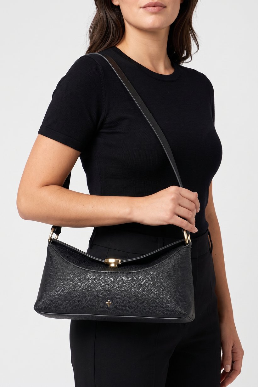 Women Brand Logo Shoulder Bag, Black