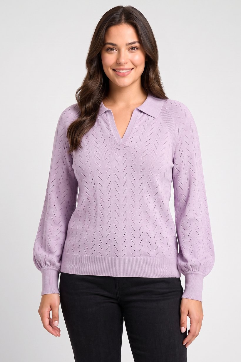Women Spread Collar Eyelet Sweater, Lavender