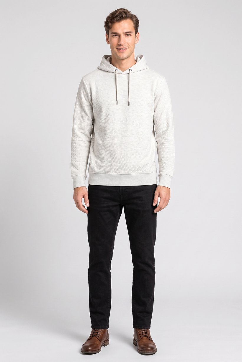 Men Long Sleeve Textured Hoodie, Light Grey