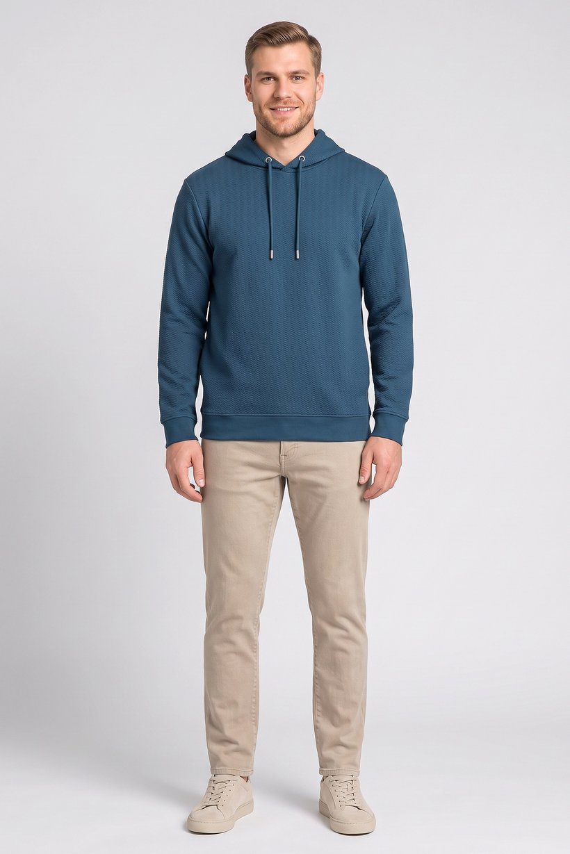 Men Long Sleeve Textured Hoodie, Teal Blue