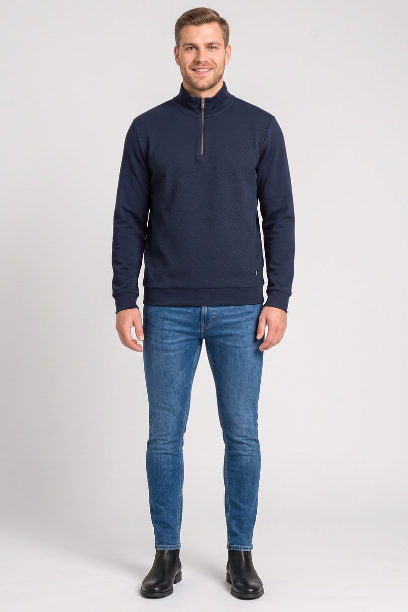 Men Mock Neck Textured Long Sleeve Sweatshirt, Navy