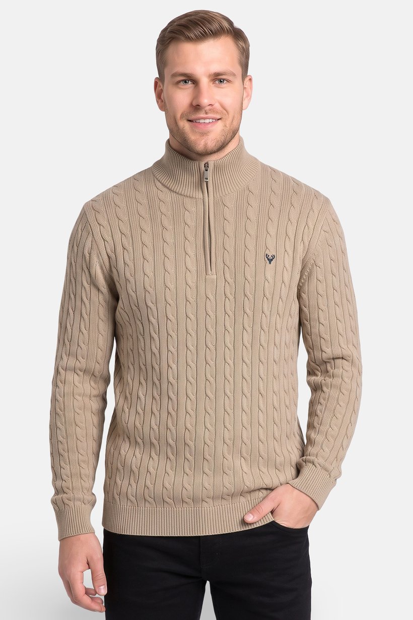 Men Mock Neck Knitted Sweater, Deep Beige