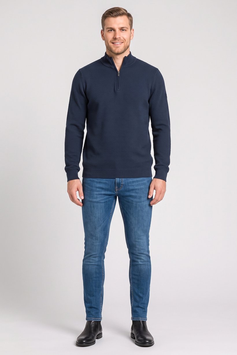 Men Mock Neck Textured Sweater, Navy
