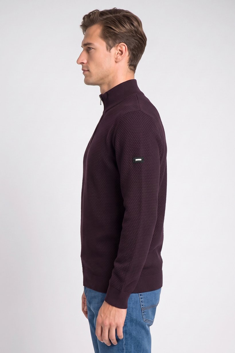 Men Half Neck Textured Sweater, Dark Burgundy