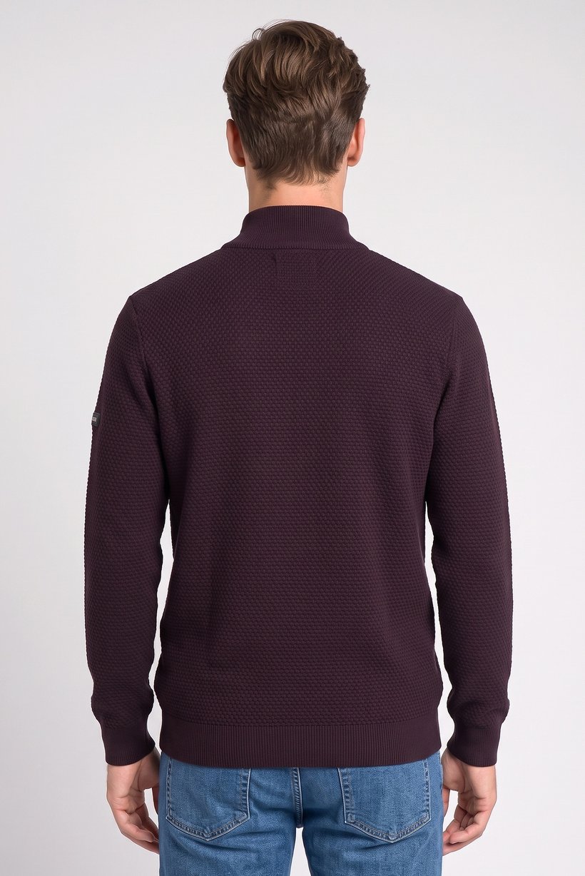 Men Half Neck Textured Sweater, Dark Burgundy