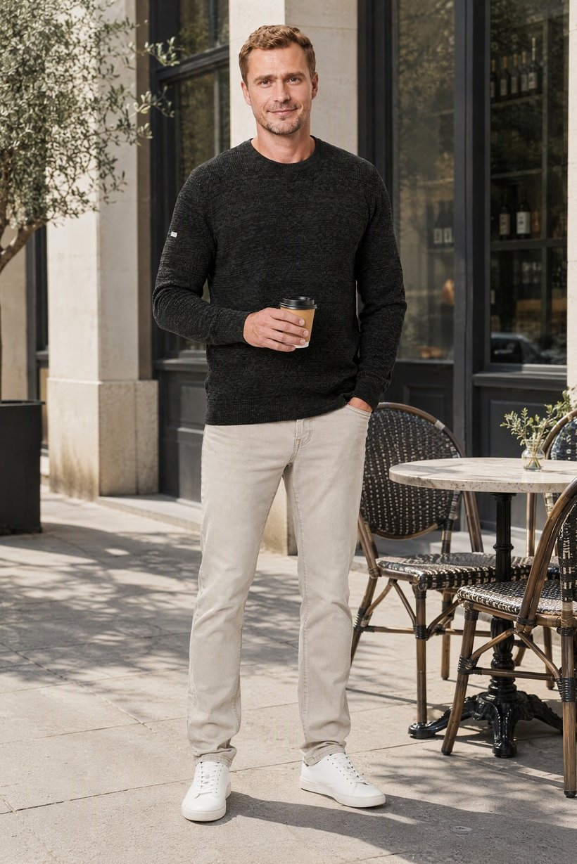 Men Crew Neck Long Sleeve Textured Sweater, Green
