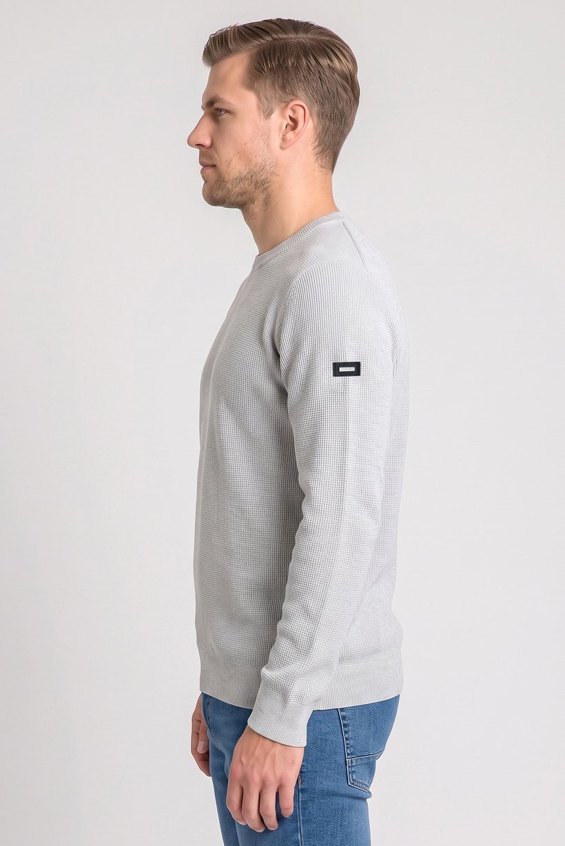 Men Crew Neck Textured Sweater, Light Grey