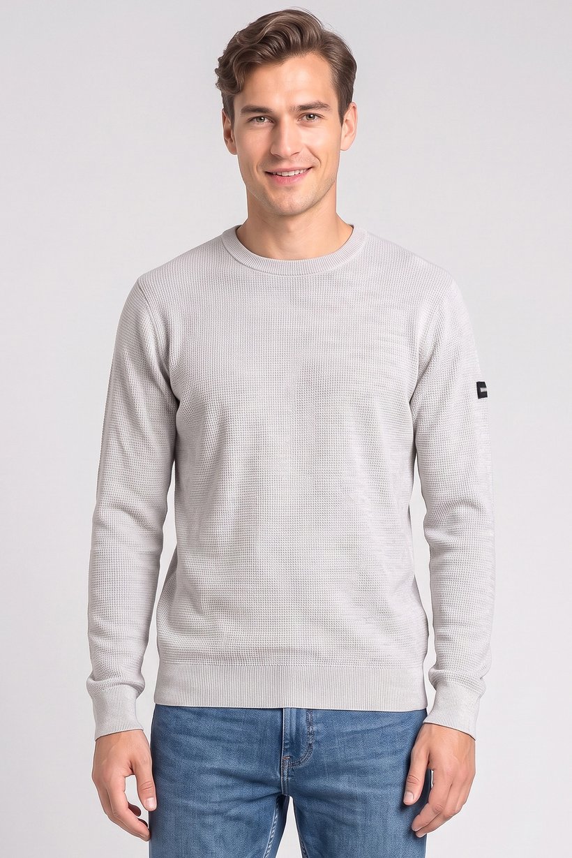 Men Crew Neck Textured Sweater, Grey