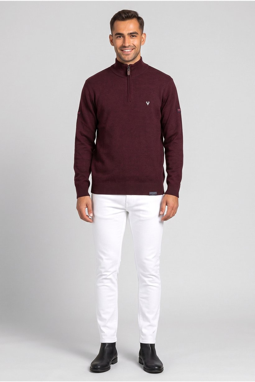 Men Mock Neck Knitted Sweater, Red