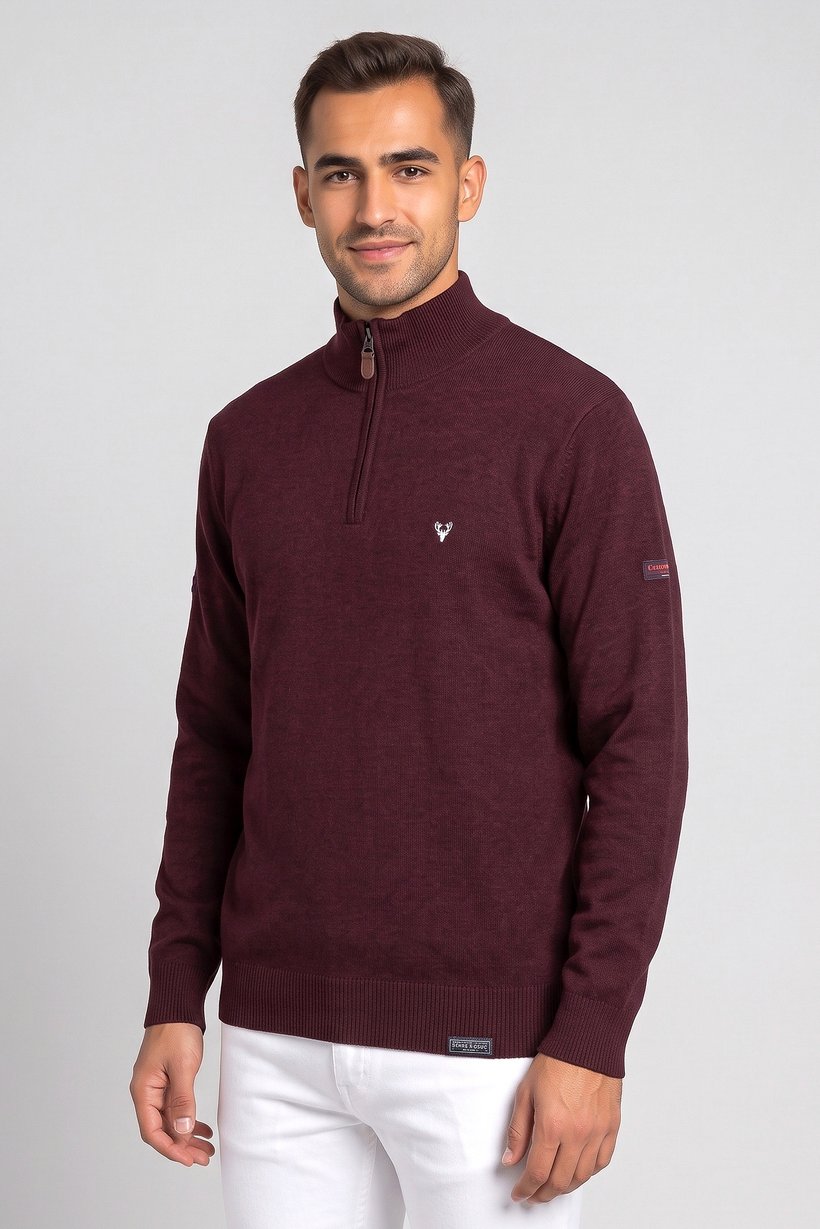 Men Mock Neck Knitted Sweater, Red