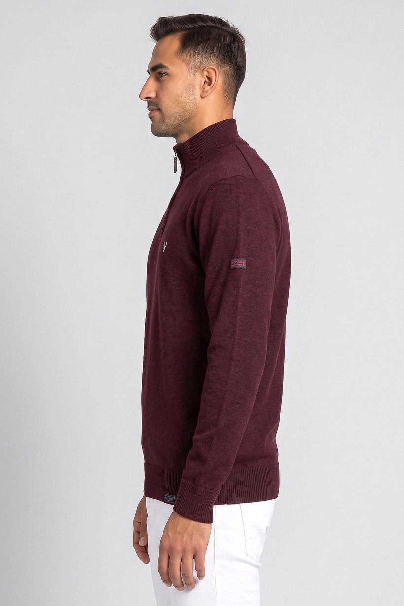 Men Mock Neck Knitted Sweater, Red