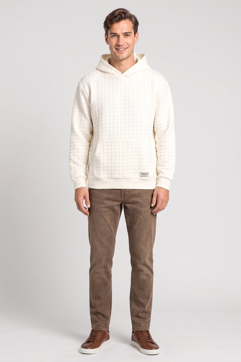 Men Oversized Textured Long Sleeve Hoodie, Ivory