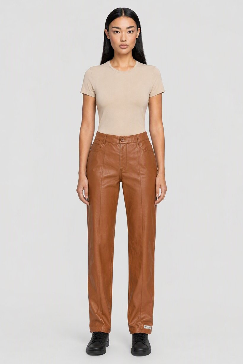 Women Regular Fit Solid Leather Straight Leg Pants, Brown