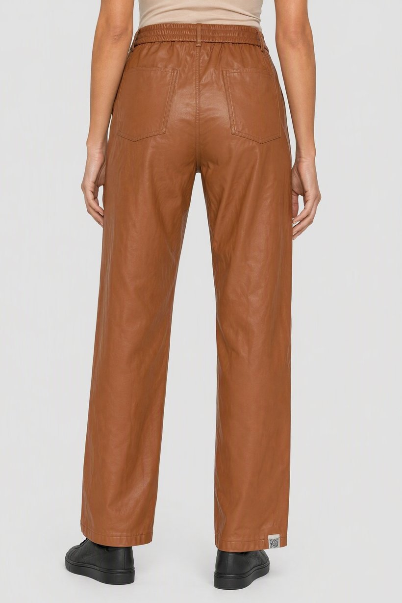 Women Regular Fit Solid Leather Straight Leg Pants, Brown