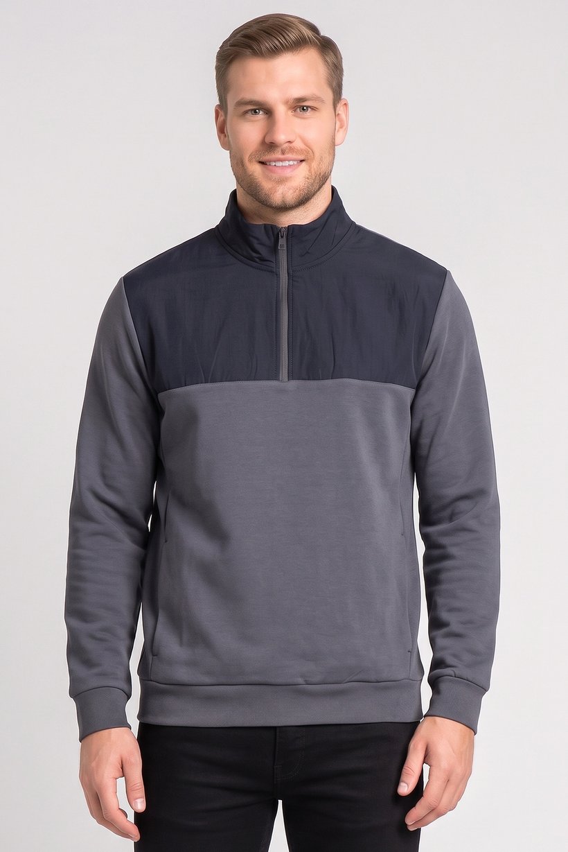 Men High Neck Plain Long Sleeve Half Zip Sweatshirts, Multicolor