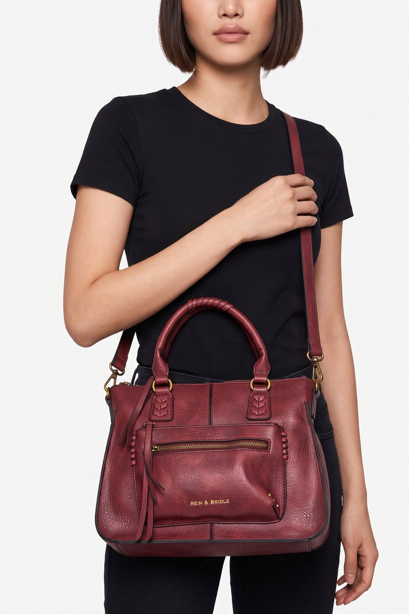 Women Brand Logo Satchel Bag, Burgundy