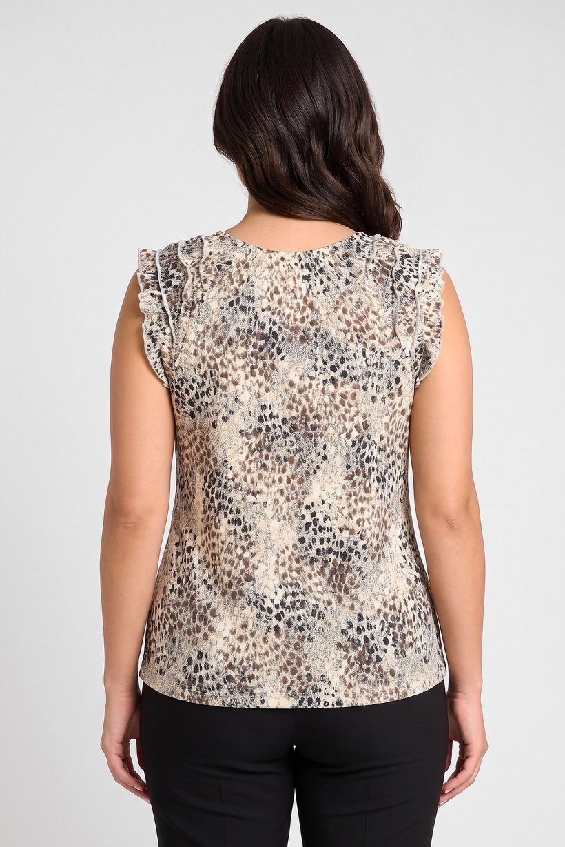 Women Tie Neck Ruffle Sleeve Animal Print Top, Multicolor