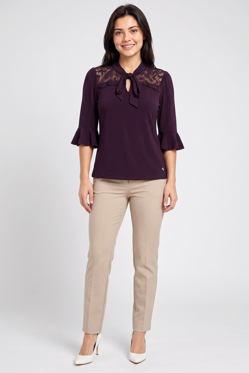 Women Tie Neckline 3/4 Sleeve Lace Details Blouse, Plum