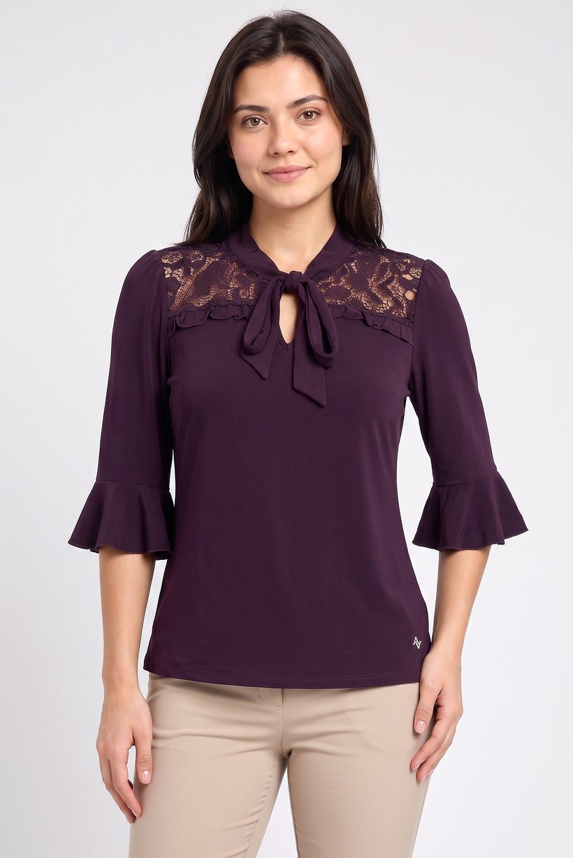 Women Tie Neckline 3/4 Sleeve Lace Details Blouse, Plum