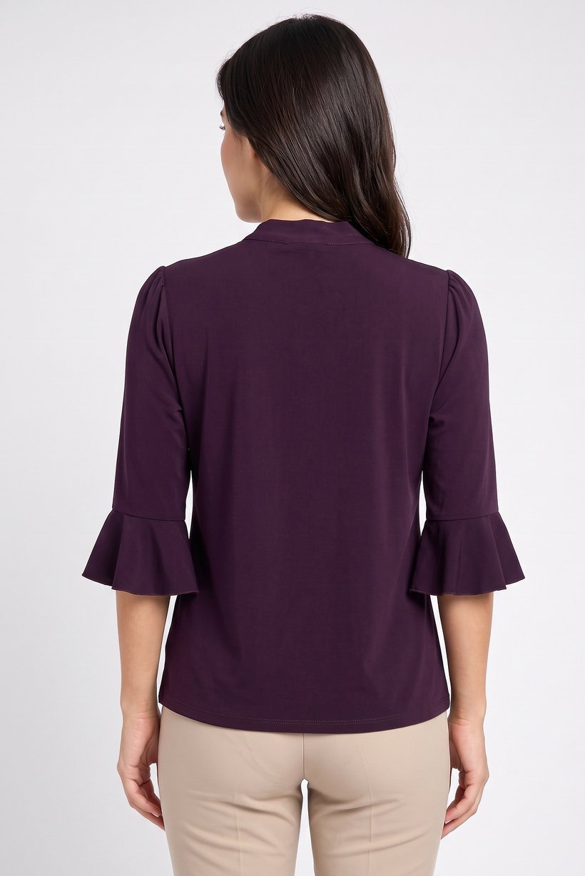 Women Tie Neckline 3/4 Sleeve Lace Details Blouse, Plum