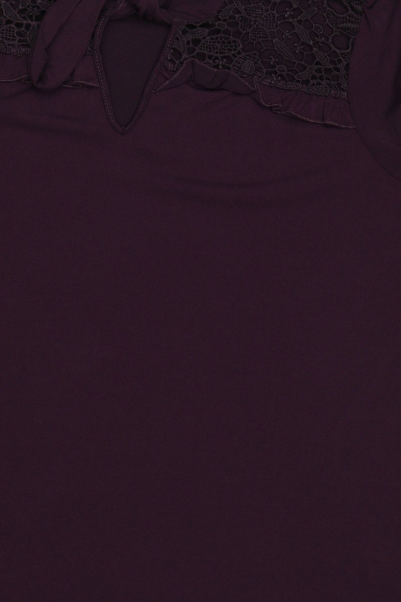 Women Tie Neckline 3/4 Sleeve Lace Details Blouse, Plum