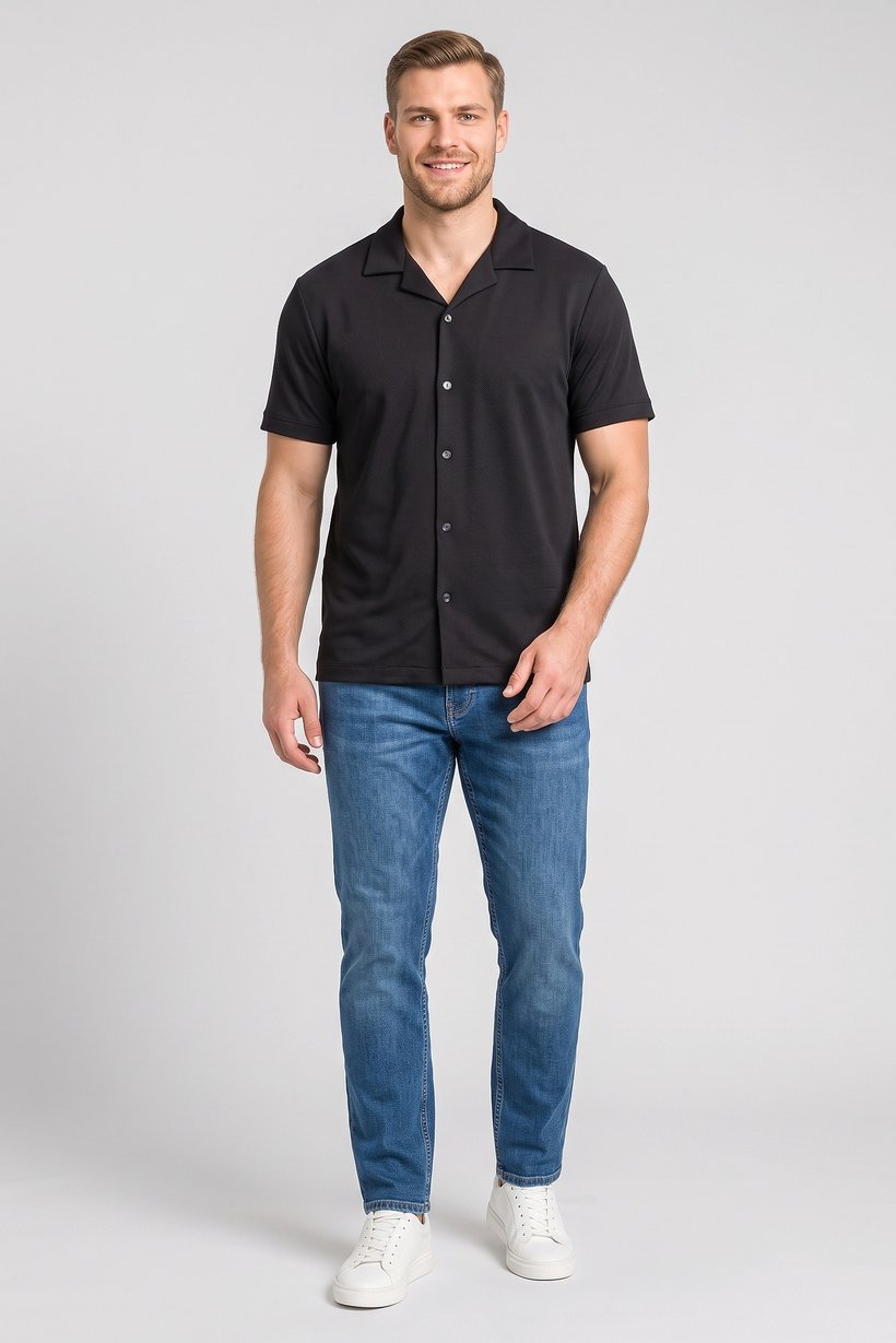 Men Regular Fit Textured Short Sleeve Casual Shirt, Black