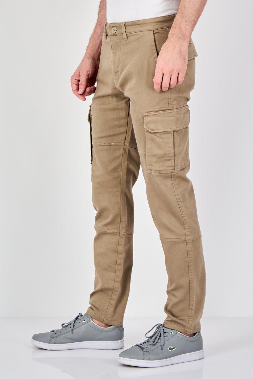 Men Stretch Fit Solid Cargo Pants, Dark Beige
