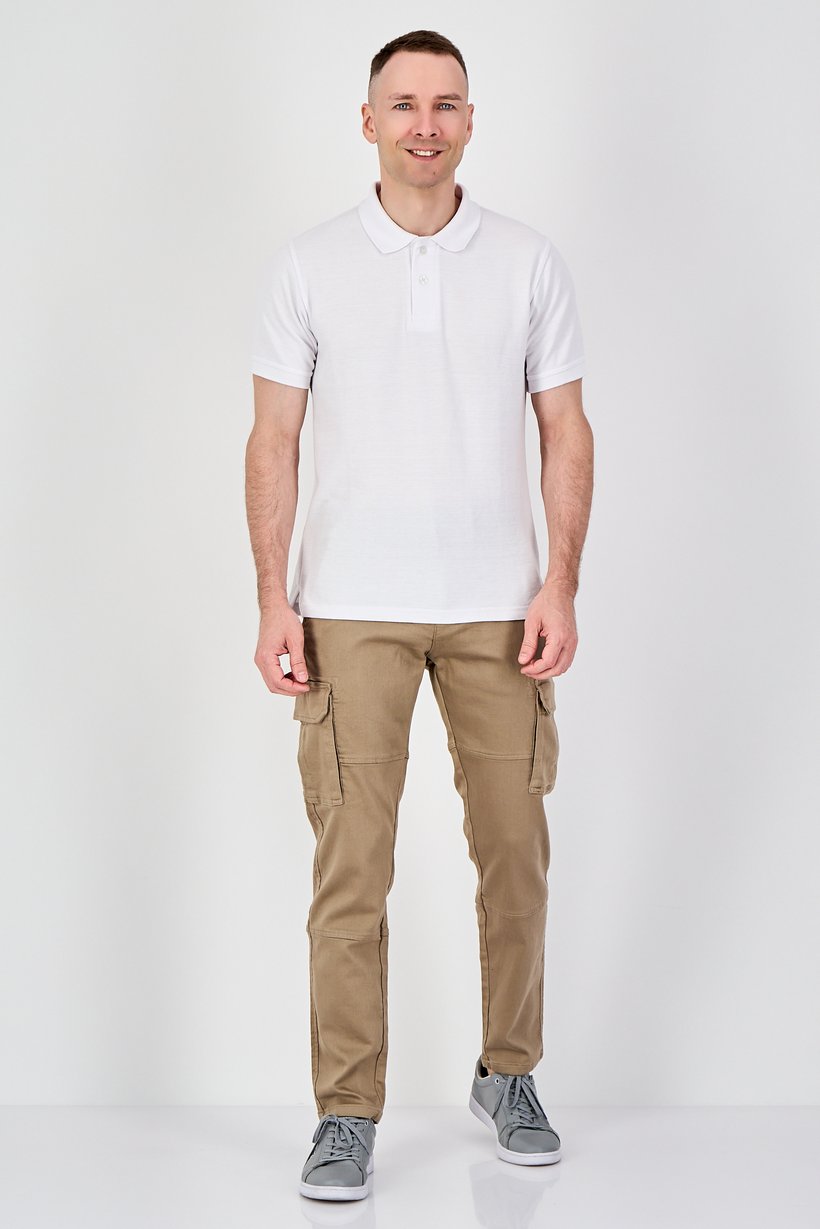 Men Stretch Fit Solid Cargo Pants, Dark Beige