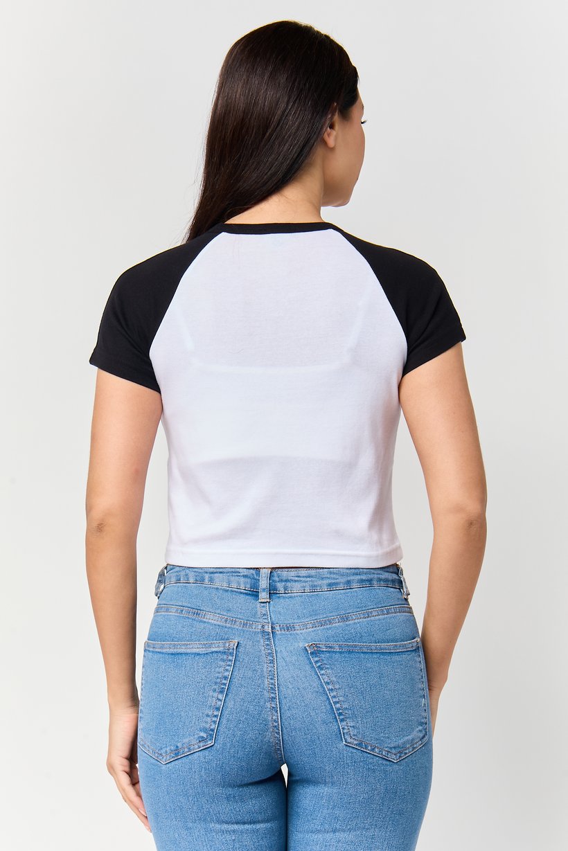 Women Crew Neck Short Sleeve Graphic Print Crop Top, Multicolor