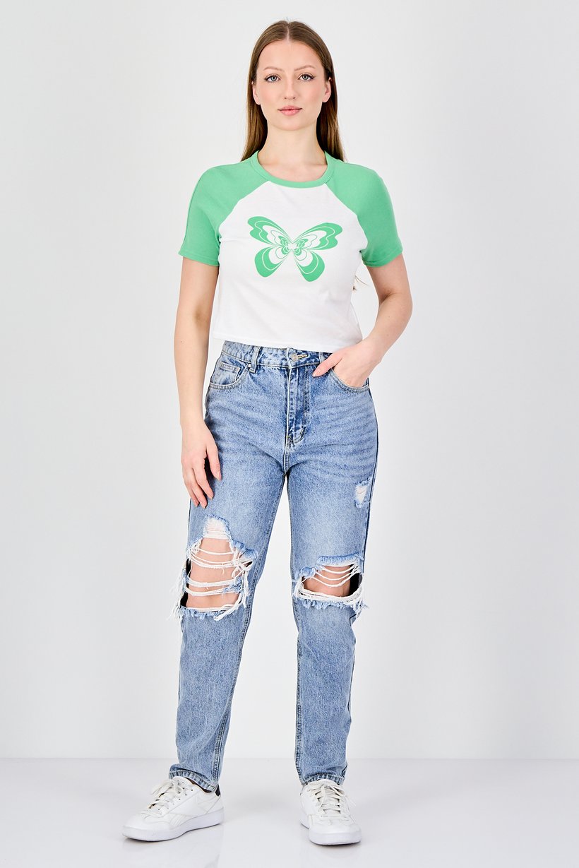 Women Crew Neck Short Sleeve Graphic Print Crop Top, Multicolor