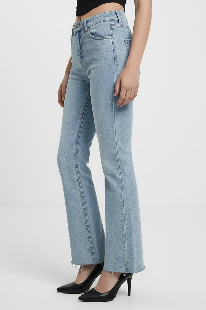 Women Cropped Fit Embellished Stretchable Flare Jeans, Light Blue