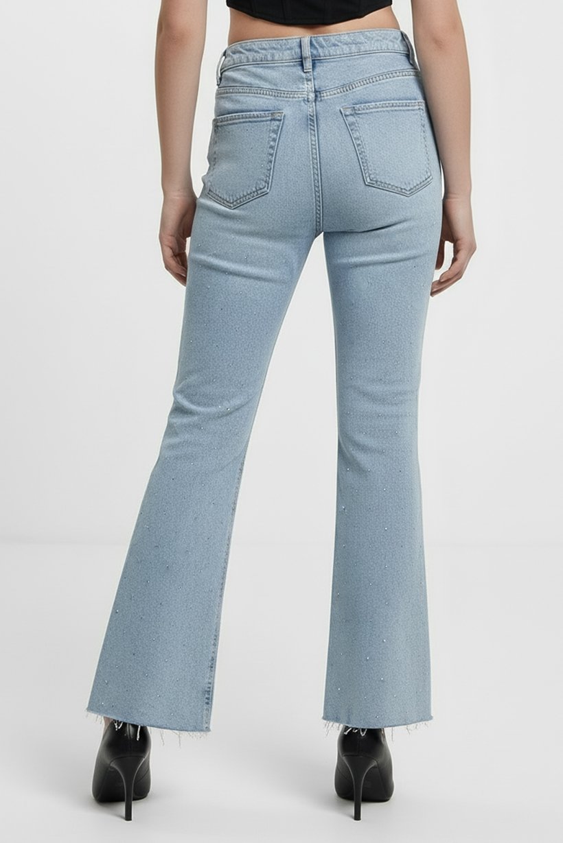 Women Cropped Fit Embellished Stretchable Flare Jeans, Light Blue