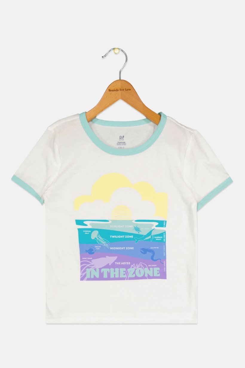 Kids Girl Round Neck Short Sleeves Graphic Print Top, White