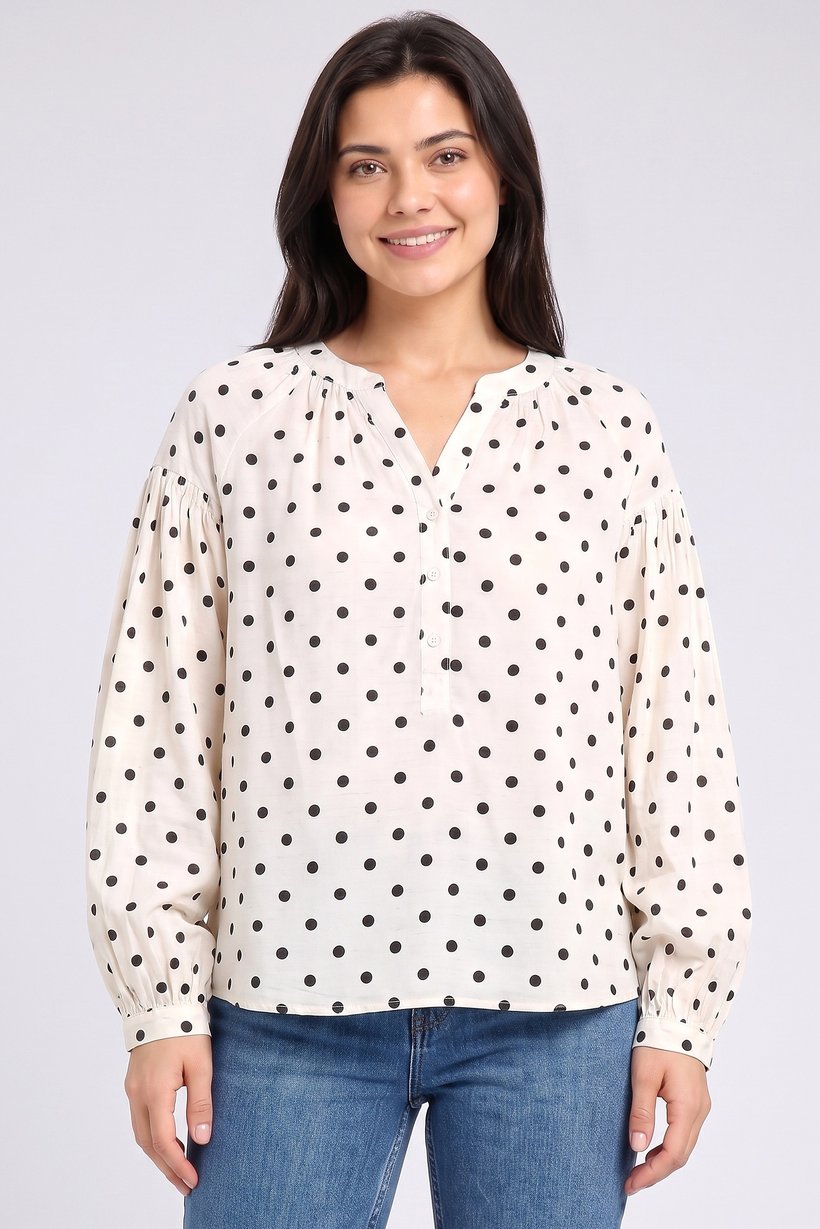 Women V-Neck Polka Dots Long Sleeve Blouse, Multicolor