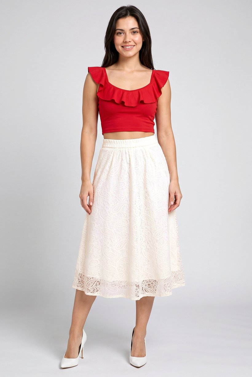 Women Lace Details Maxi Skirt, Cream