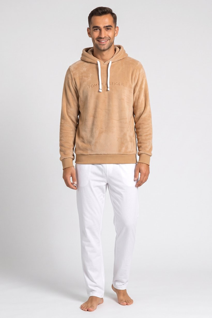Men Embroidered Logo Long Sleeve Sleepwear Hoodie, Brown