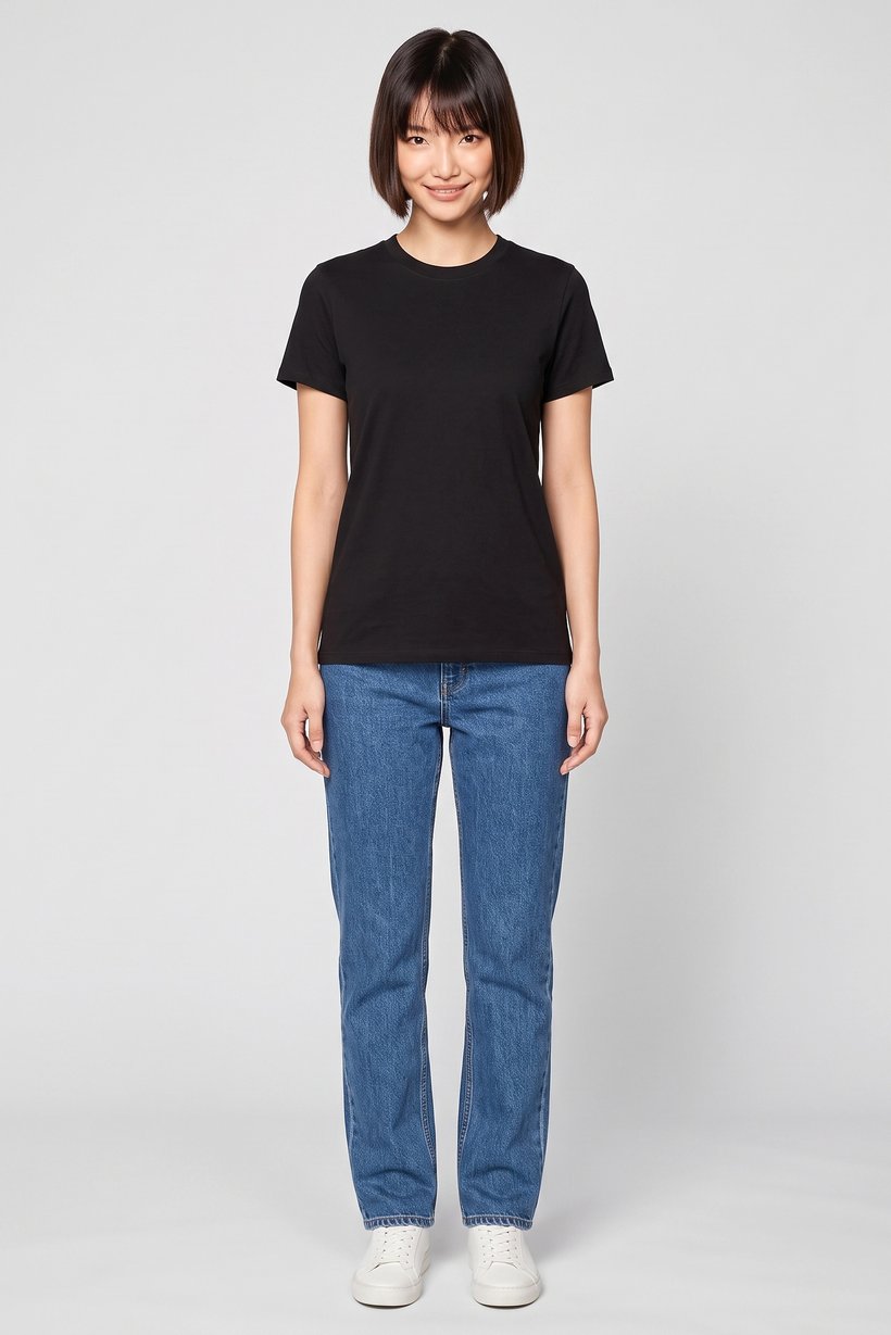 Women Round Neck Short Sleeve Plain T-Shirt, Black