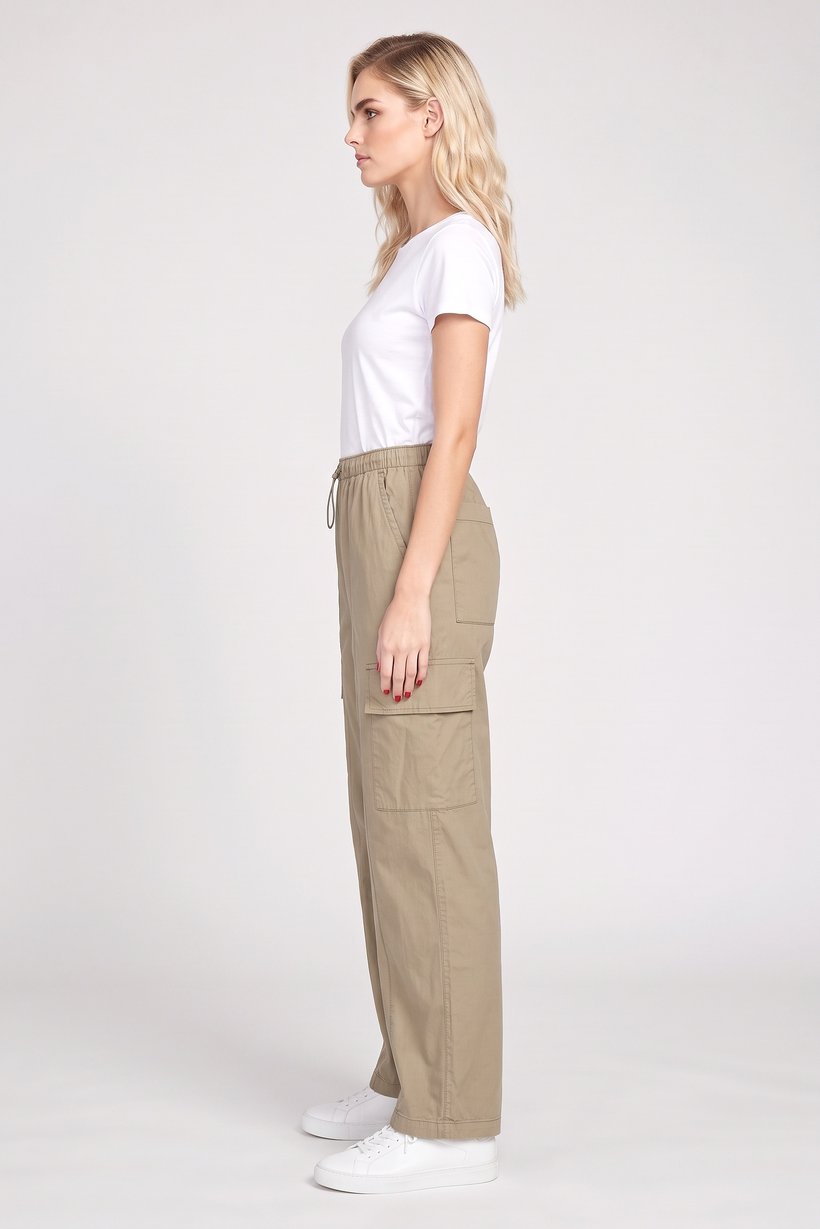Women Regular Fit Solid Cargo Pants, Dark Beige