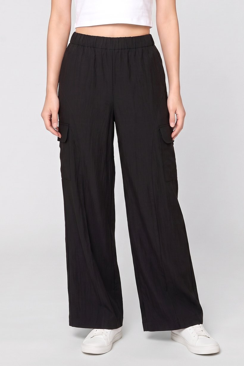 Women Regular Fit Solid Wide Leg Pants, Black
