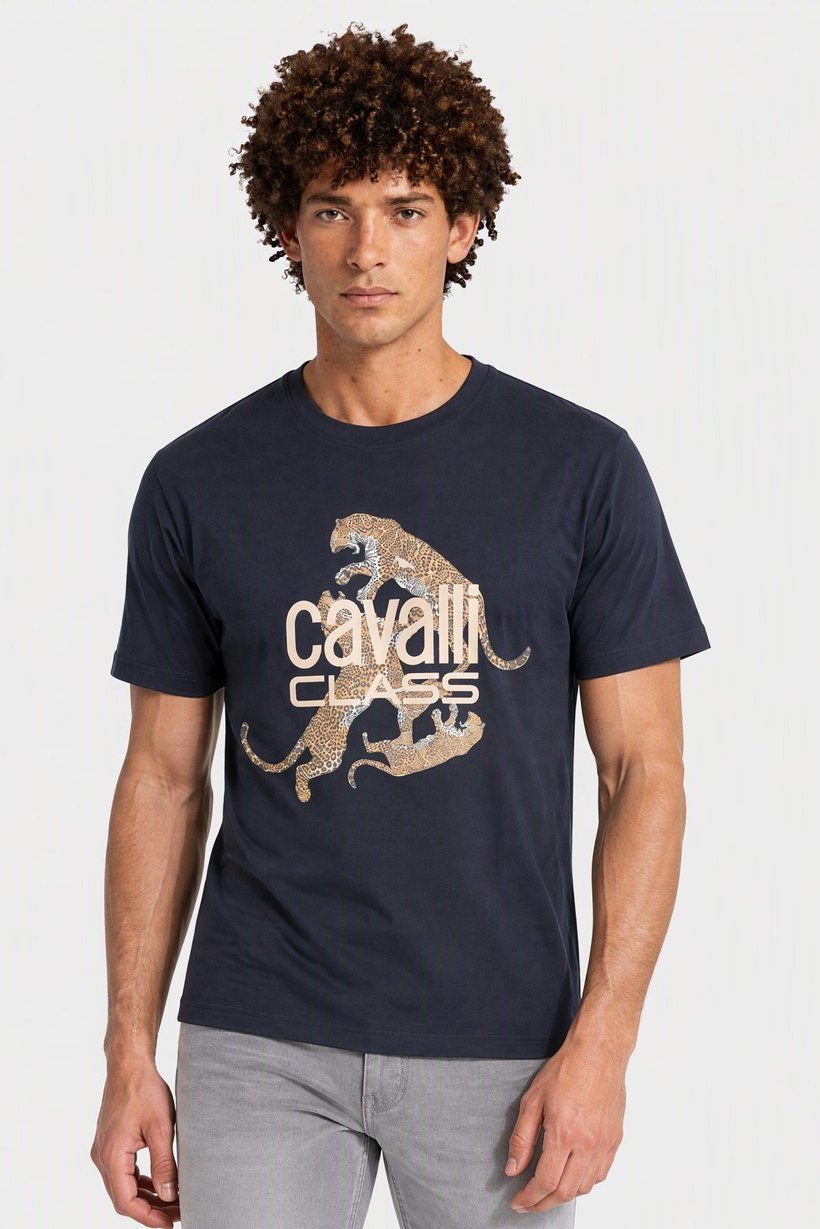 Men Crew Neck Short Sleeve Brand Logo T-Shirt, Dark Navy